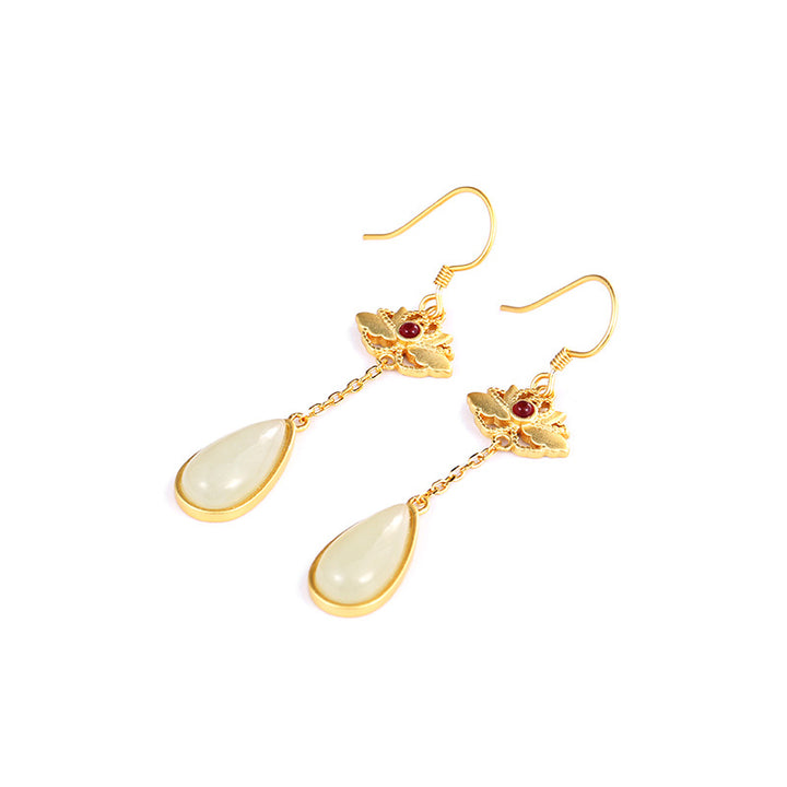 Gold Silver Lotus Jade Drop Dangle Earrings