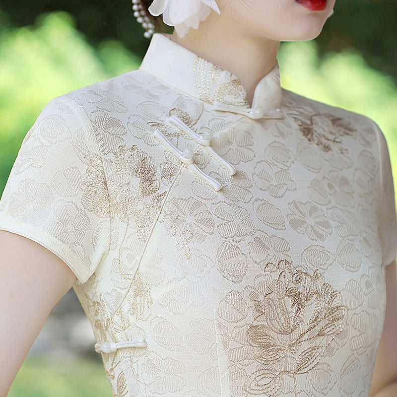 Ivory Jacquard Mid Qipao Cheongsam Dress