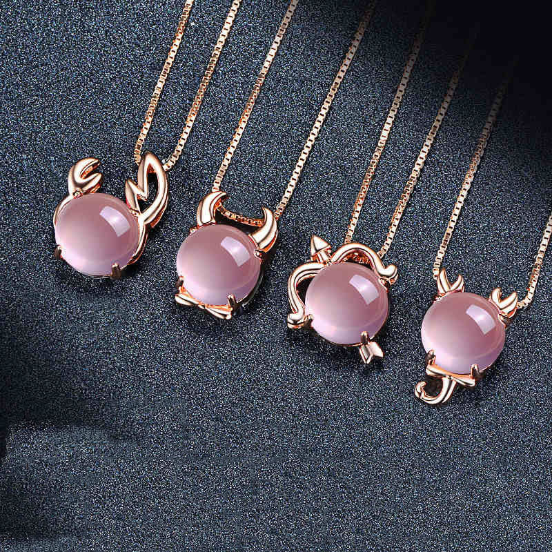 12 Constellation Zodiac Silver Pink Crystal Pendant Necklace