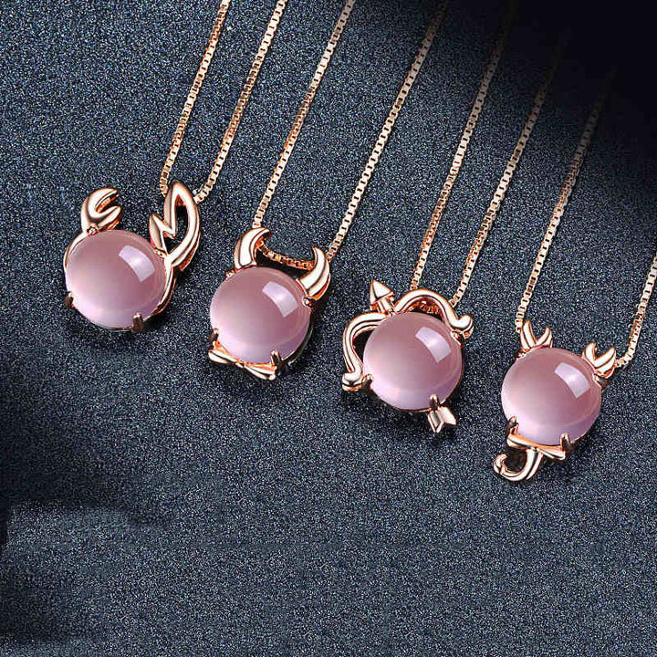 12 Constellation Zodiac Silver Pink Crystal Pendant Necklace