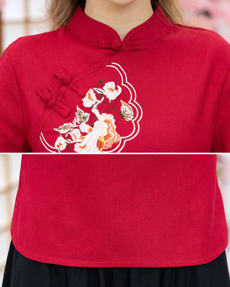 Two Piece Red Blue Bell Sleeve Cheongsam Qi Pao Blouse Top