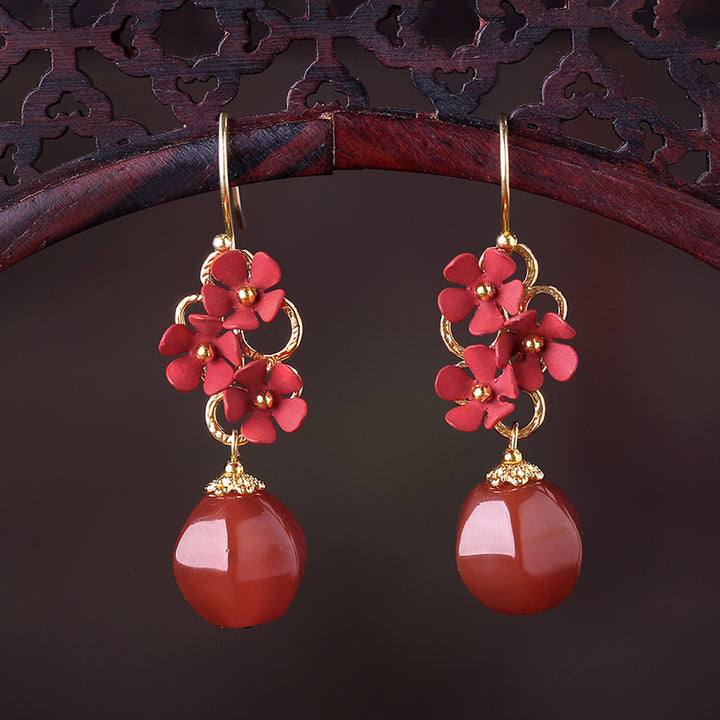 Red Agate Petals Drop Dangle Pierced Clip On Earrings