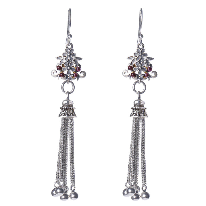 Long Drop Silver Tassel Dangle Clip On Earrings