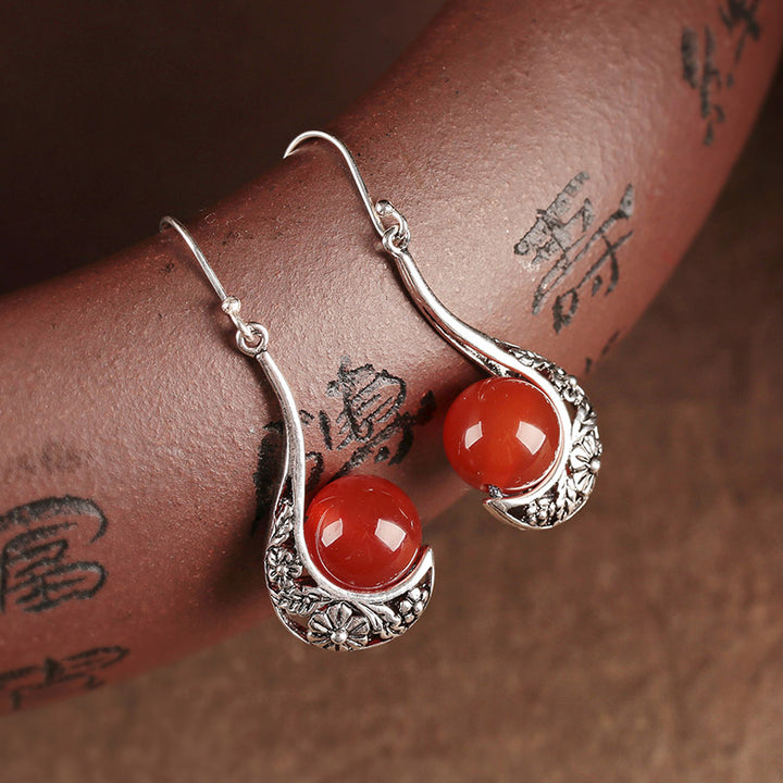Pierced Clip On Red Agate Dangle Drop Earrings