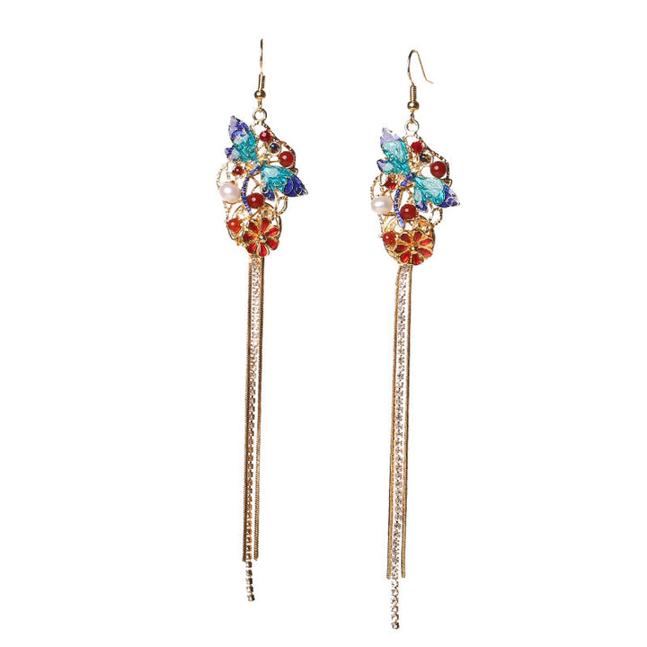 Long Drop Cloisonne Alloy Tassel Dangle Earrings
