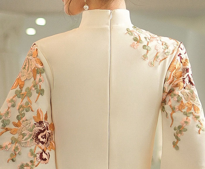 Beige Red Embroidered A-Line Mid Qi Pao Cheongsam Wedding Dress