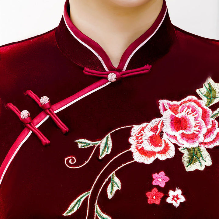 Red Purple Embroidered Velvet Cheongsam Blouse Top