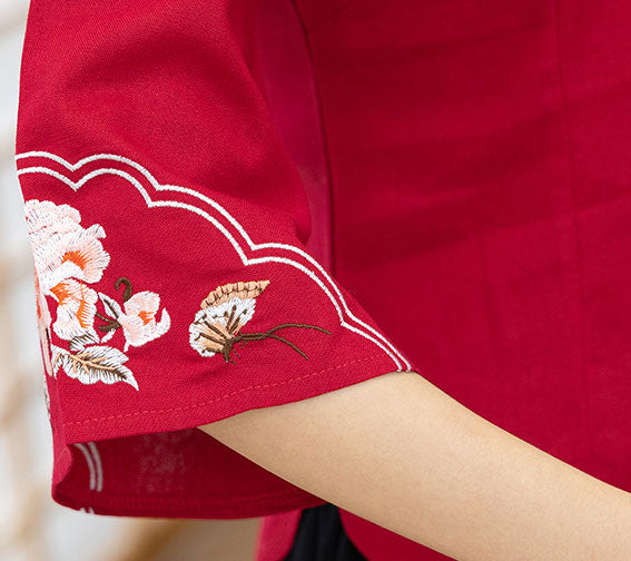 Two Piece Red Blue Bell Sleeve Cheongsam Qi Pao Blouse Top