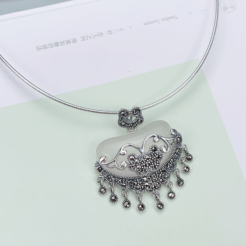 Jade Silver Longeval Lock Pendant Necklace Birthday Christmas Gift