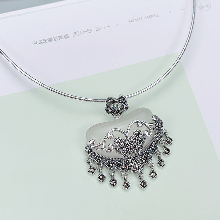 Jade Silver Longeval Lock Pendant Necklace Birthday Christmas Gift