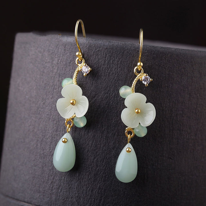 Green Jade Petals Drop Dangle Pierced Clip On Earrings