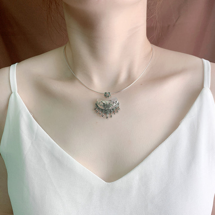 Jade Silver Longeval Lock Pendant Necklace Birthday Christmas Gift