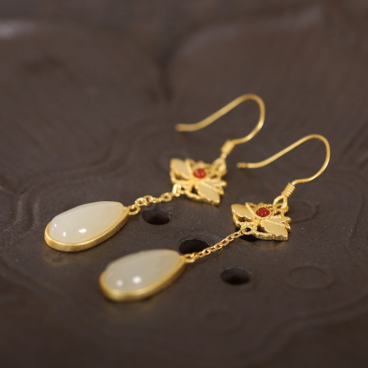 Gold Silver Lotus Jade Drop Dangle Earrings