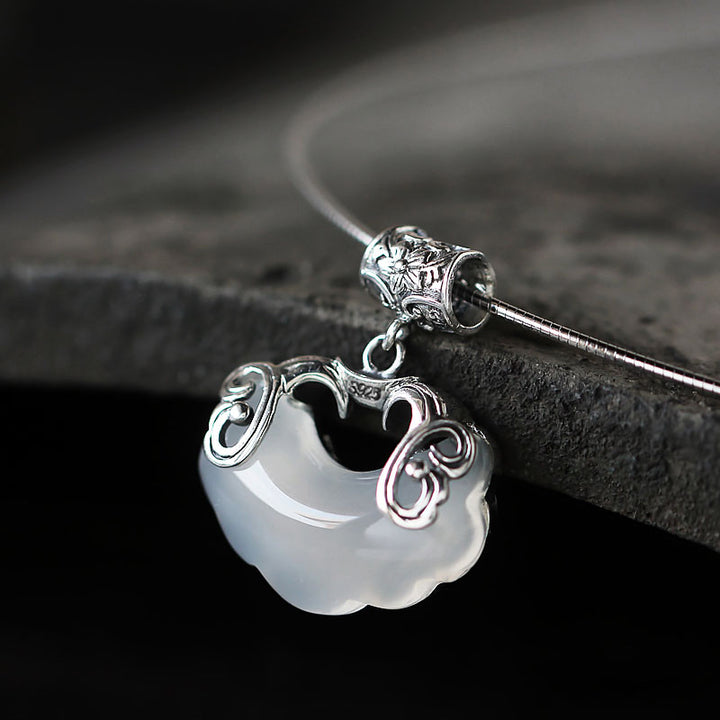 Silver Jade Longeval Lock Beads Pendant Necklace