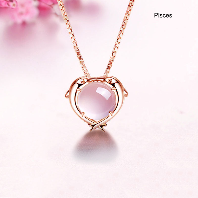 12 Constellation Zodiac Silver Pink Crystal Pendant Necklace