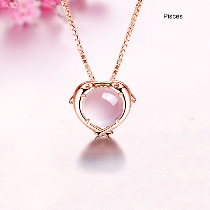 12 Constellation Zodiac Silver Pink Crystal Pendant Necklace