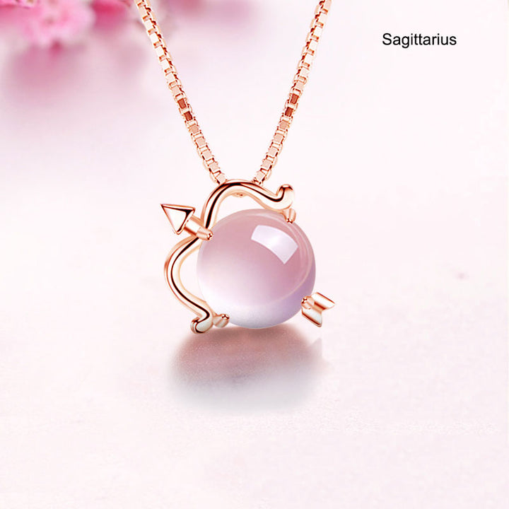 12 Constellation Zodiac Silver Pink Crystal Pendant Necklace