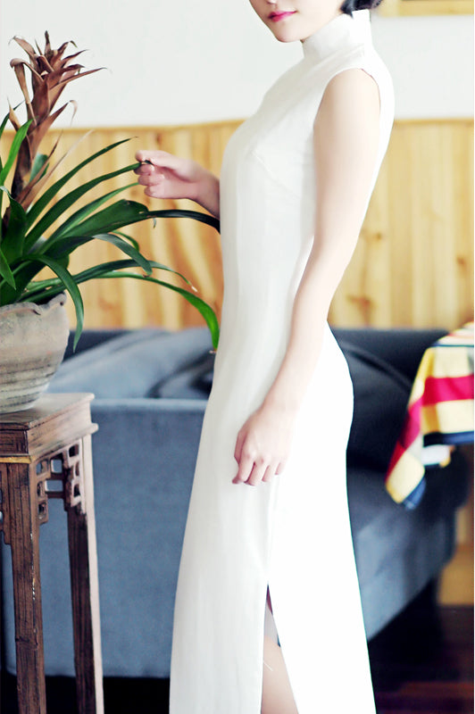 White Ramie Tea-Length  Qipao / Cheongsam Party Dress