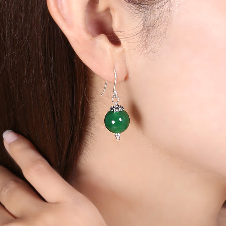 Green Agate Dangle Drop Hook Non Pierced Earrings