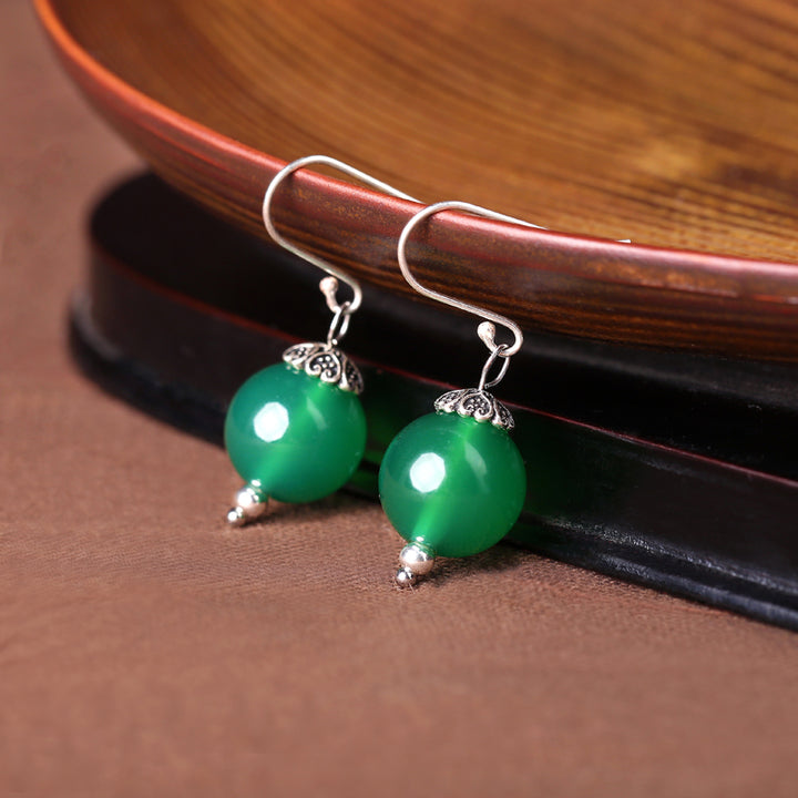 Green Agate Dangle Drop Hook Non Pierced Earrings