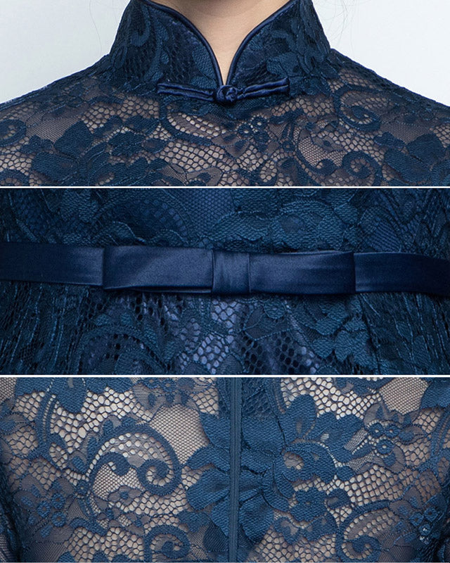 Blue Lace A-Line Qipao / Cheongsam Evening Dress