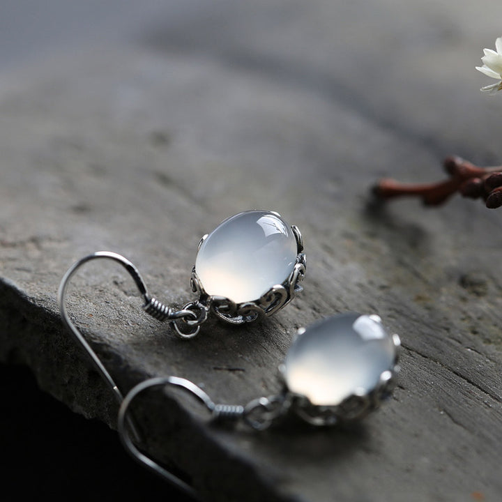 White Chalcedony Drop Dangle Silver Earrings