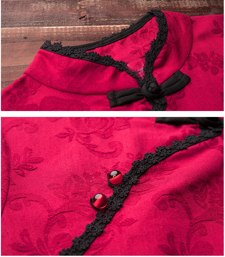 Red Jacquard Linen Qipao / Cheongsam Top Shirt