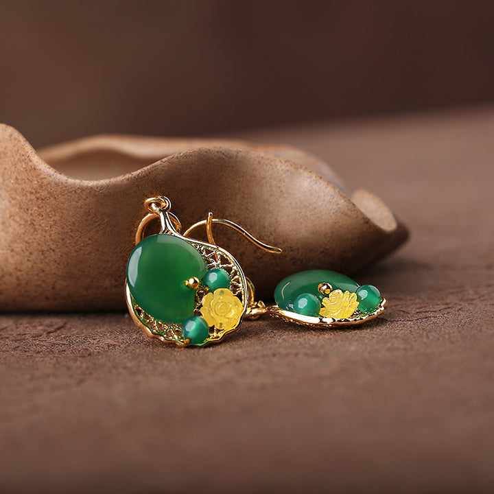 Green Agate Dangle Drop Hook Non Pierced Earrings