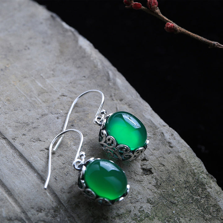 Green Agate Waterdrop Silver Dangle Earrings