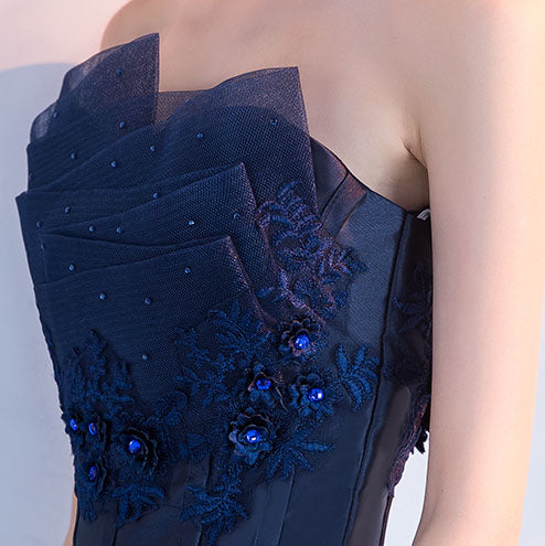 Blue Ruched Bandeau Appliques A-Line Party Dress