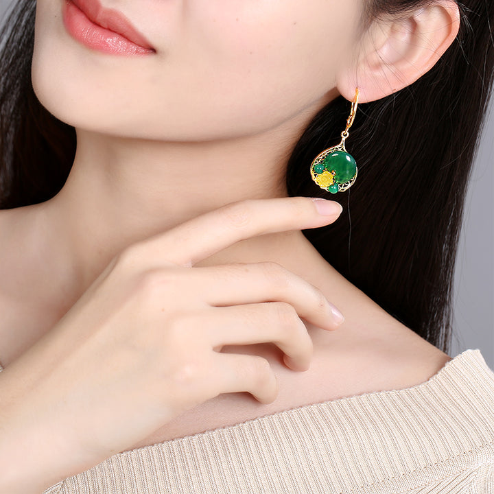 Green Agate Dangle Drop Hook Non Pierced Earrings
