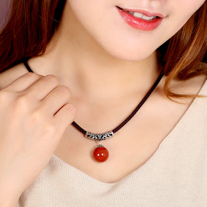 Handmade Red Green Agate Pendant Silver Necklace
