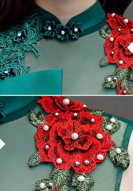 Green A-Line Phoenix Maxi Qipao / Cheongsam Evening Dress