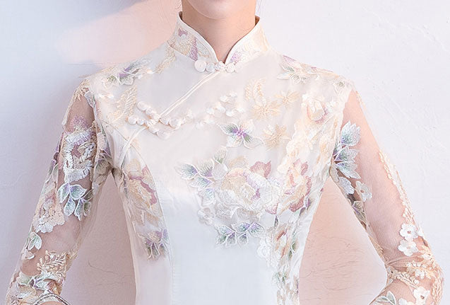 Champagne Embroidered A-line Cheongsam Qi Pao Dress