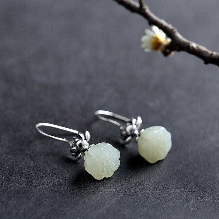 White Jade Lotus Silver Dangle Drop Earrings