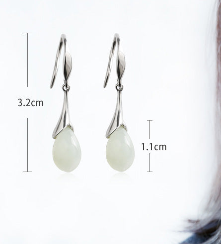 White Jade Dangle Drop Silver Earrings