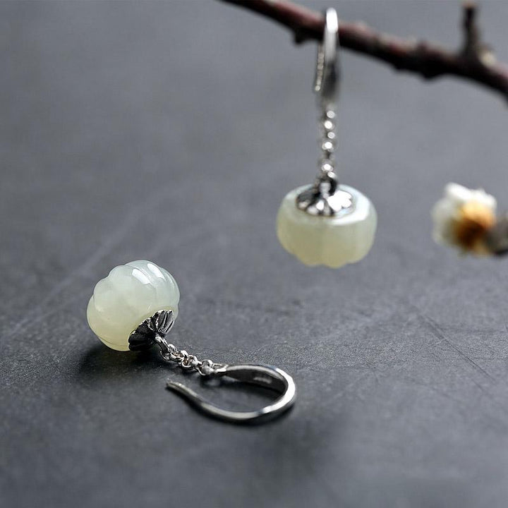 White Jade Silver Dangle Drop Earrings