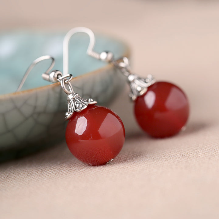 Red Agate Dangle Drop Hook Non Pierced Earrings