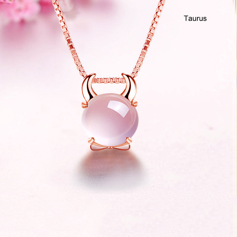 12 Constellation Zodiac Silver Pink Crystal Pendant Necklace