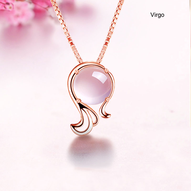 12 Constellation Zodiac Silver Pink Crystal Pendant Necklace