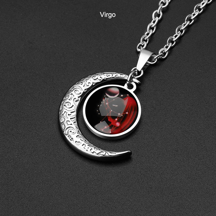 Stainless Steel 12 Constellation Zodiac Moon Pendant Necklace