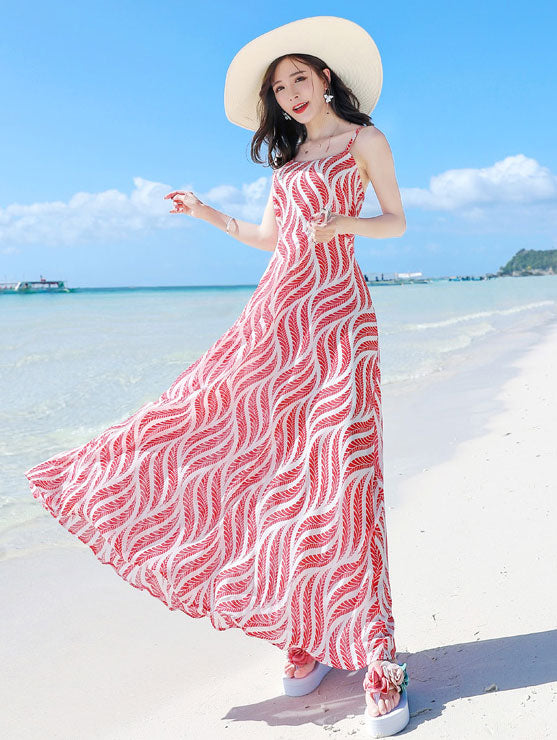 Red Striped Maxi Beach Dress with Tie Back