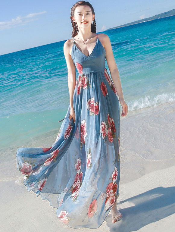 Floral Print Blue Maxi Beach Dress with Tie Back