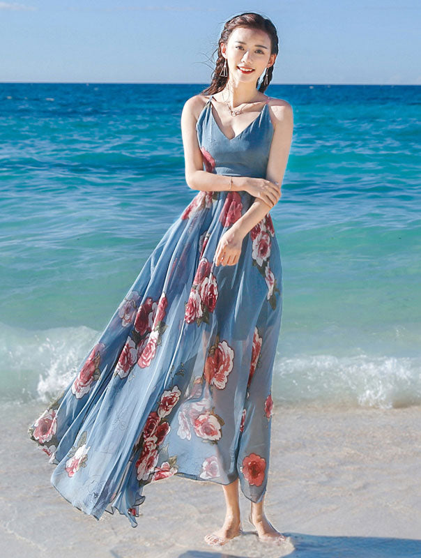 Floral Print Blue Maxi Beach Dress with Tie Back