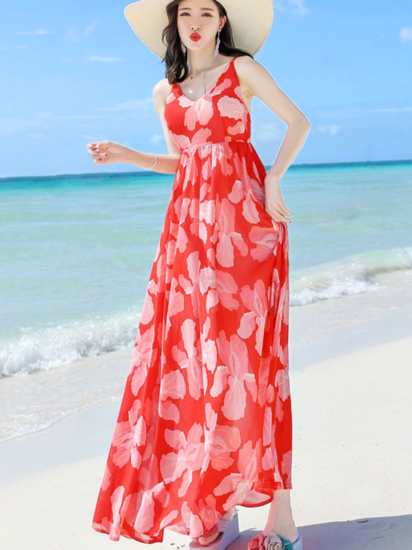 Red Floral Maxi Beach Dress with Self Tie - IMALLURE S Red Floral Maxi Beach Dress with Self Tie - IMALLURE S