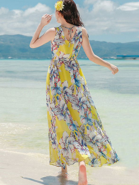 Yellow Floral Print Halter Beach Dress