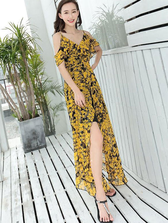 Yellow Floral Thigh Split Slip Beach Dress