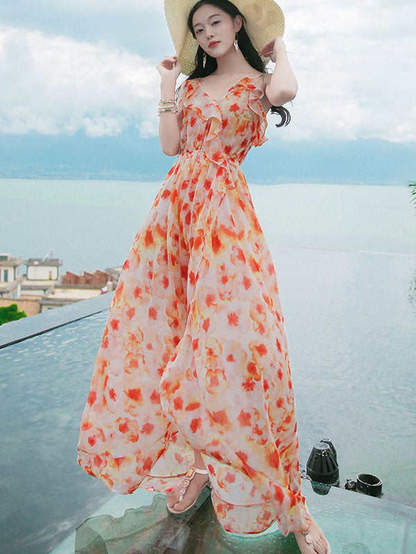 Orange Floral Print Frill Detail Slip Beach Dress