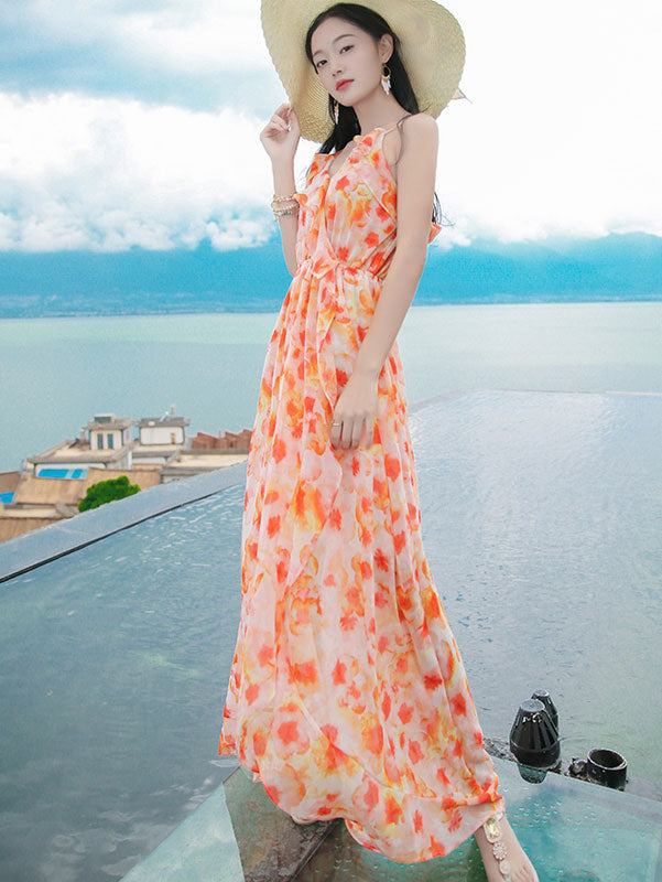 Orange Floral Print Frill Detail Slip Beach Dress