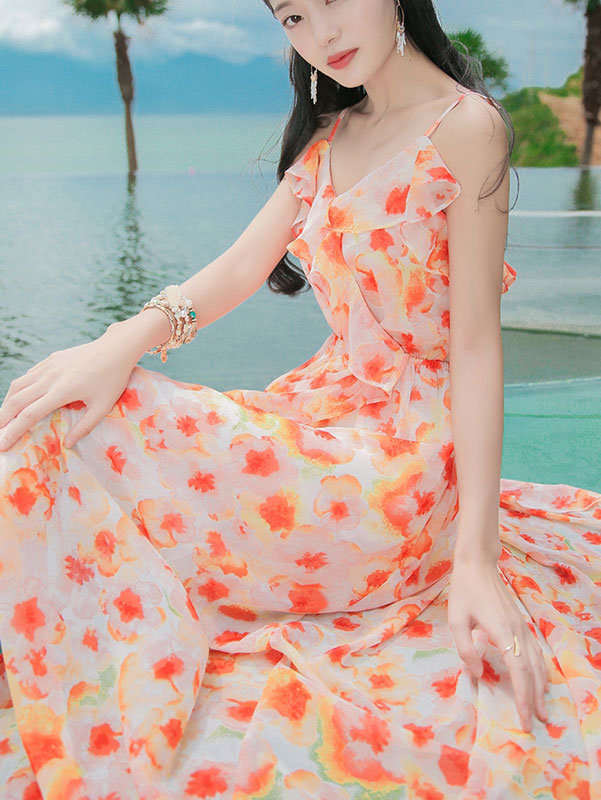 Orange Floral Print Frill Detail Slip Beach Dress